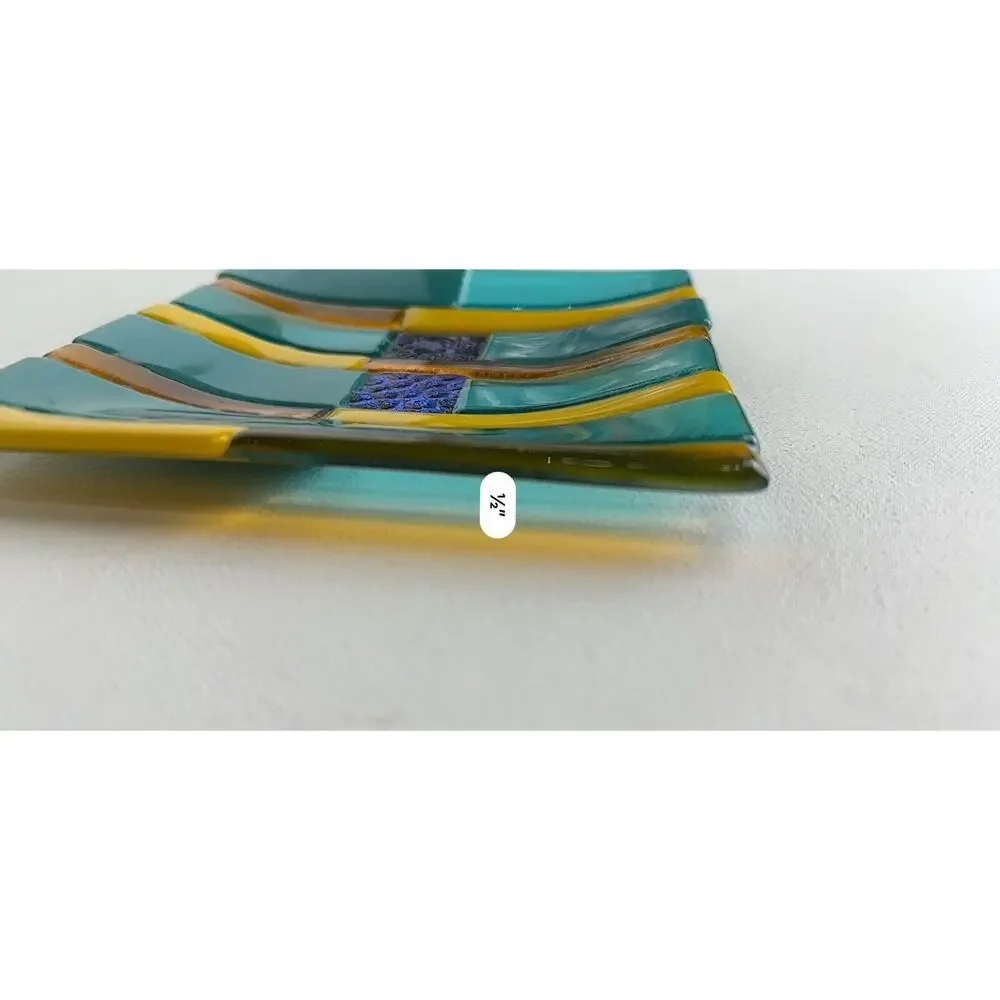 Colorful abstract Pattern Fused Art Glass Trinket Dish Tray 6” square